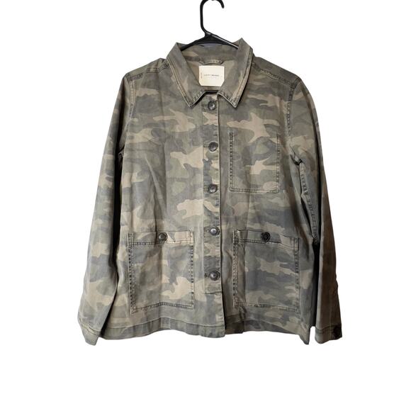LUCKY BRAND Women’s Utility Jacket Small Green Camo Button Front Stretch Pockets - Picture 2 of 9